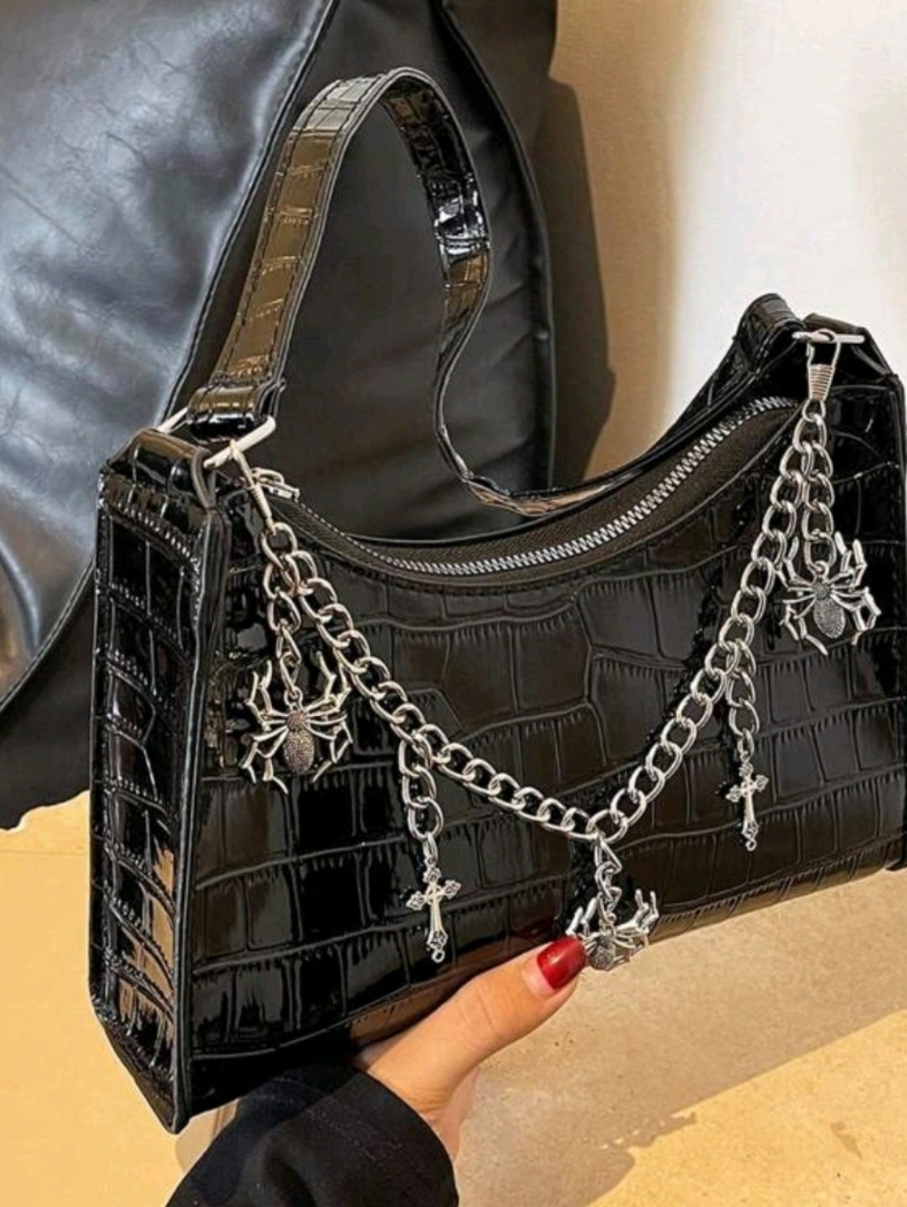 Black Croc-Embossed Shoulder Bag with Silver Chain Charms